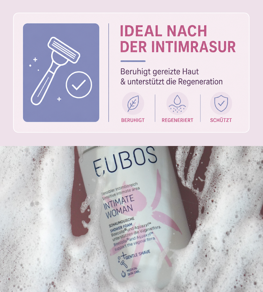 EUBOS Intimate Woman Schaumdusche in Schaum. Text: Ideal nach Intimrasur. Beruhigt, regeneriert.